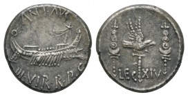 Ancient Roman Imperial Coins - Mark Anthony - Legion XIV Denarius
32-31 BC. Patrae mint (?"). Obv: ANT AVC III VIR R P C legend with galley right, ma...