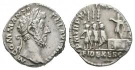 Ancient Roman Imperial Coins - Commodus - Emperor and Troops Denarius
186 AD. Rome mint. Obv: M COM ANT P FEL AVG BRIT legend with laureate bust righ...