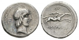 Ancient Roman Republican Coins - L Calpurnius Piso - Naked Horseman Denarius
90 BC. Obv: laureate head of Apollo right with F behind and C below chin...