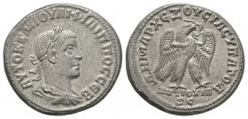 Ancient Roman Provincial Coins - Philip II - Antioch - Eagle Tetradrachm
249 AD. Obv: AYTOK K M IOYLI FILIPPOC CEB legend with laureate, draped and c...