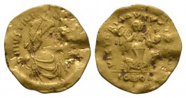 Ancient Byzantine Coins - Justin I - Victory Gold Tremissis
518-527 AD. Constantinople mint. Obv: D N IVSTINVS PP AVG legend with diademed, draped an...