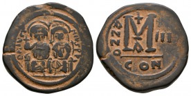 Ancient Byzantine Coins - Justin II and Sophia - Large M Follis
565-578 AD. Constantinople mint, year 3. Obv: D N IVSTINVS PP AVG legend with Justin ...