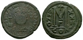 Ancient Byzantine Coins - Justinian I - Large M Follis
527-565 AD. Constantinople mint, year 22. Obv: DN IVSTINIANVS PP AVG legend with helmeted and ...