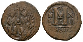 Ancient Byzantine Coins - Justin II - M follis
565-578 AD. Theoupolis (Antioch) mint, year 12. Obv: blundered legend with Justin left and Sophia righ...