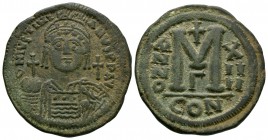 Ancient Byzantine Coins - Justinian I - Large M Follis
527-565 AD. Constantinople mint, year 14. Obv: D N IVSTINIANVS PP AVG legend with helmetted an...