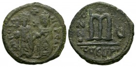 Ancient Byzantine Coins - Phocas and Leontia - Large M Follis
602-610 AD. Antioch mint, year 5. Obv: DN FOCA NE PE AV legend with Phocas on the left,...
