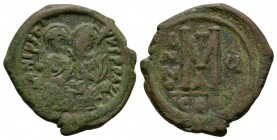 Ancient Byzantine Coins - Justin II and Sophia - Large M Follis
565-578 AD. Constantinople mint, year 6. Obv: DN IVSTINVS PP AVG legend with Justin o...