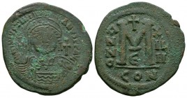 Ancient Byzantine Coins - Justinian I - Large M Follis
527-565 AD. Constantinople mint, year 14. Obv: DN IVSTINIANVS PP AVG legend with helmeted and ...