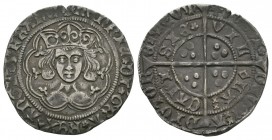 English Medieval Coins - Henry VI - Calais - Rosette Mascle Groat
1427-1430 AD. Obv: facing bust within tressure with HENRIC [rosette] DI [rosette] G...