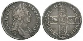 English Milled Coins - William III - 1696 - Shilling
Dated 1696 AD. Obv: profile bust with GVLIELMVS III DEI GRA legend. Rev: cruciform arms with MAG...