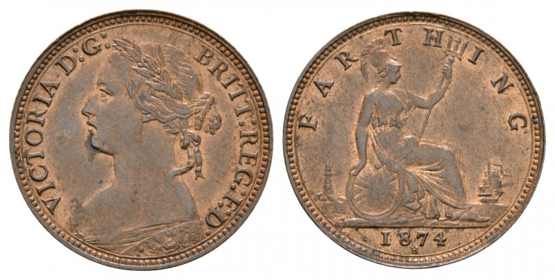 English Milled Coins - Victoria - 1874 H - Farthing
Dated 1874 AD. Bun head, He...