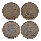 English Milled Coins - Victoria - 1867, 1886 - Pennies [2]
Dated 1867 and 1886 AD. Bun head. Obvs: profile bust with VICTORIA D G BRITT REG F D legen...