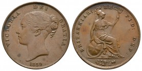 English Milled Coins - Victoria - 1859 OT - Penny
Dated 1859 AD. Young head. Obv: profile bust with date below and VICTORIA DEI GRATIA legend. Rev: s...