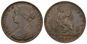 English Milled Coins - Victoria - 1860 - Penny
Dated 1860 AD. Bun head, dies 3D. Obv: profile bust with VICTORIA D G BRITT REG F D legend. Rev: seate...