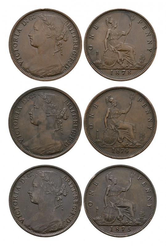 English Milled Coins - Victoria - 1874, 1875, 1878 - Pennies [3]
Dated 1874, 18...