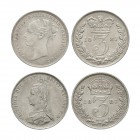 English Milled Coins - Victoria - 1887 YH & JH - Threepences [2]
Dated 1887 AD. Young and jubilee heads. Obvs: profile bust with VICTORIA DEI GRATIA ...
