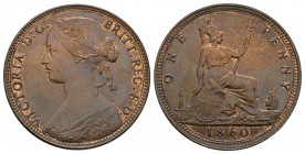 English Milled Coins - Victoria - 1860 - Penny
Dated 1860 AD. Bun head, dies 3D. Obv: profile bust with VICTORIA D G BRITT REG F D legend. Rev: seate...