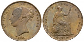 English Milled Coins - Victoria - 1855 PT - Penny
Dated 1855 AD. Young head. Obv: profile bust with date below and VICTORIA DEI GRATIA legend. Rev: s...