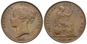 English Milled Coins - Victoria - 1857 PT - Penny
Dated 1857 AD. Young head. Obv: profile bust with date below and VICTORIA DEI GRATIA legend. Rev: s...