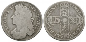 English Milled Coins - James II - 1687 - Halfcrown
Dated 1687 AD. Obv: profile bust with IACOBVS II DEI GRATIA legend. Rev: cruciform arms with MAG B...