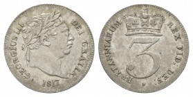 English Milled Coins - George III - 1817 - Maundy Threepence
Dated 1817 AD. New coinage. Obv: profile bust with date below and GEORGIUS III DEI GRATI...