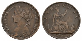 English Milled Coins - Victoria - 1875H - '7 & 5 over 7 & 5' Farthing
Dated 1875 AD. Bun head, Heaton mint, dies 5C. Obv: profile bust with VICTORIA ...