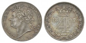 English Milled Coins - George IV - 1827 - Maundy Fourpence
Dated 1827 AD. Laureate bust. Obv: profile bust with GEORGIUS IIII D G BRIATANNIAR REX F D...