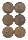 English Milled Coins - Victoria - 1872-1874 - Pennies [3]
Dated 1872-1874 AD. Bun head. Obvs: profile bust with VICTORIA D G BRITT REG F D legend. Re...