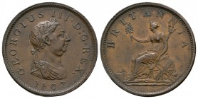 English Milled Coins - George III - 1807 - Penny
Dated 1807 AD. Obv: profile bust with date below and GEORGIUS III D G REX legend. Rev: seated Britan...