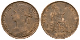 English Milled Coins - Victoria - 1882H - Penny
Dated 1882 AD. Bun head, Heaton mint, dies 12N. Obv: profile bust with VICTORIA D G BRITT REG F D leg...
