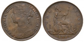 English Milled Coins - Victoria - 1879 - Penny
Dated 1879 AD. Bun head, dies 9J. Obv: profile bust with VICTORIA D G BRITT REG F D legend. Rev: seate...