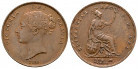 English Milled Coins - Victoria - 1855 OT - Penny
Dated 1855 AD. Young head. Obv: profile bust with date below and VICTORIA DEI GRATIA legend. Revs: ...