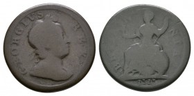 English Milled Coins - George I - 1717 - Dump Farthing
Dated 1717 AD. Obv: profile bust with GEORGIVS REX legend. Rev: Britannia seated with BRITANNI...