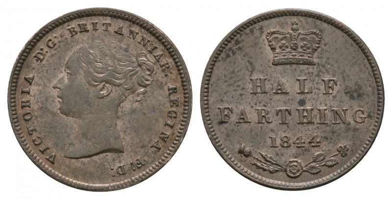 English Milled Coins - Victoria - 1844 - 'T over T' Half Farthing
Dated 1844 AD...