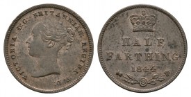 English Milled Coins - Victoria - 1844 - 'T over T' Half Farthing
Dated 1844 AD. Obv: profile bust with VICTORIA D G BRITANNIAR REGINA F D legend wit...