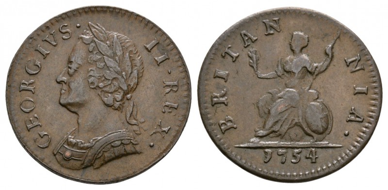 English Milled Coins - George II - 1754 - Farthing
Dated 1754 AD. Obv: profile ...
