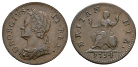 English Milled Coins - George II - 1754 - Farthing
Dated 1754 AD. Obv: profile bust with GEORGIVS II REX legend. Rev: seated Britannia with BRITANNIA...