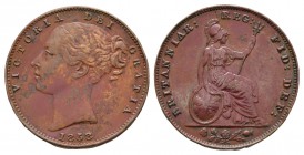 English Milled Coins - Victoria - 1858 - Farthing
Dated 1858 AD. Young head. Obv: profile bust with date below and VICTORIA DEI GRATIA legend. Rev: s...