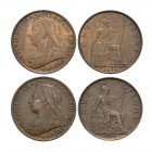 English Milled Coins - Victoria - 1895-1896 - Pennies [2]
Dated 1895-1896 AD. Old head. Obvs: profile bust with VICTORIA DEI GRA BRITT REGINA FID DEF...