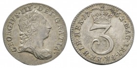 English Milled Coins - George III - 1762 - Maundy Threepence
Dated 1762 AD. Obv: profile bust with GEORGIVS III DEI GRATIA legend. Rev: crown dividin...