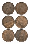 English Milled Coins - Victoria - 1887-1889 - Pennies [3]
Dated 1887-1889 AD. Bun head. Obvs: profile bust with VICTORIA D G BRITT REG F D legend. Re...