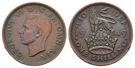 English Milled Coins - George VI - 1949 - Off Metal English Shilling
Dated 1949 AD. Bronze flan, third coinage, English type. Obv: profile bust with ...
