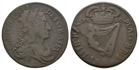 World Coins - Ireland - Charles II - 1680 - Halfpenny
Dated 1680 AD. Obv: profile bust with CAROLVS II DEI GRATIA legend. Rev: crowned harp dividing ...