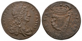 World Coins - Ireland - Charles II - 1682 - Halfpenny
Dated 1682 AD. Obv: profile bust with CAROLVS II DEI GRATIA legend. Rev: crowned harp dividing ...