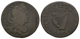 World Coins - Ireland - Charles II - 1680 - Halfpenny
Dated 1680 AD. Obv: profile bust with CAROLVS II DEI GRATIA legend. Rev: crowned harp dividing ...