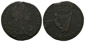 World Coins - Ireland - Charles II - 1680 - Halfpenny
Dated 1680 AD. Obv: profile bust with CAROLVS II DEI GRATIA legend with pellet stops. Rev: crow...