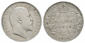 World Coins - India - 1910 - ½ Rupee
Dated 1910 AD. Calcutta mint. Obv: profile bust with EDWARD VII KING AND EMPEROR legend. Rev: crown over HALF / ...