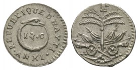 World Coins - Haiti - Year 11 - 12 Cents
Dated year 11 (1814 AD"). Obv: 12 C within snake with REPUBLIQUE D HAITI legend and year below. Rev: arms. K...