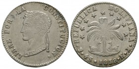 World Coins - Bolivia - 1858 - 4 Soles
Dated 1858 AD. La Plata mint. Obv: profile bust with LIBRE POR LA CONSTITUCION legend. Rev: palm tree with two...