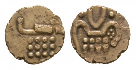 World Coins - India - Cochin - Gold Fanam
18th century AD. Obv: stylised deity. Rev: horizontal 'J' with pellets below. Fr. 1504. 0.37 grams. . 
Ext...